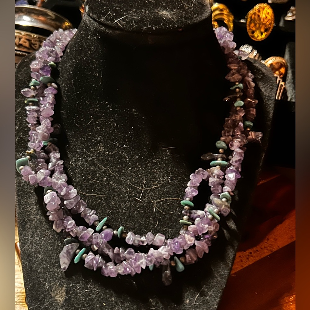Multi-Strand Amethyst Chip Necklace with Turquoise Accents - Purple